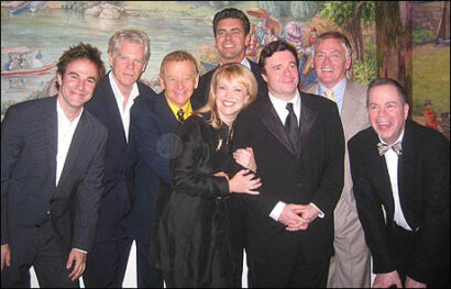 (Left to Right) Roger Bart, Michael Siberry, John Byner, Susan Stroman, Burke Moses, Nathan Lane, Daniel Davis, Peter Bartlett