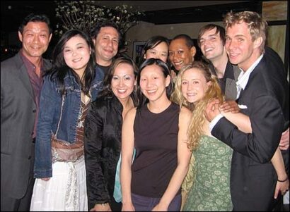 Julia Cho (center) and Gordon Edelstein (third from left) with the cast of <i>BFE</i>