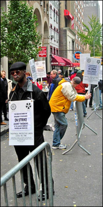 Stagehands strike outside of the Al Hirschfeld Theatre, home of Curtains.