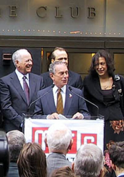 New York Mayor Michael Bloomberg presides over the dedication of the renovated Biltmore Theatre. Behind Bloomberg are MTC's Peter Solomon, Barry Grove and Lynne Meadow.
