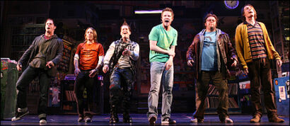 (L-R): Andrew C. Call, Justin Brill, Matt Caplan, Will Chase, Jay Klaitz and Christian Anderson in <i>High Fidelity</i>.