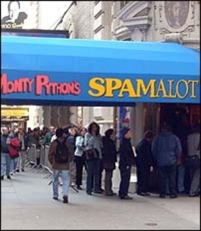 Ticket buyers standing in line outside the Shubert Theatre at 3 PM March 18
