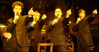 Jonathan Groff (seated), John Gallagher, Jr., Jonathan B. Wright, Skylar Astin and Gideon Glick in <i>Spring Awakening</i>.