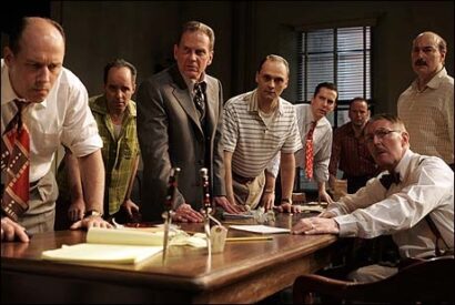 From Left: Kevin Geer, John Pankow, Robert Foxworth, Michael Mastro, Adam Trese, Robert Clohessy, Peter Friedman and Bryon Jennings in <i>Twelve Angry Men</i>