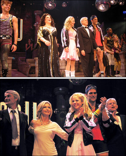 Top: The company of <i>Xanadu</i> takes its opening-night bows; Bottom: John Farrar and Olivia Newton-John join Kerry Butler, Cheyenne Jackson and Tony Roberts for <i>Xanadu</i>'s opening night bows.