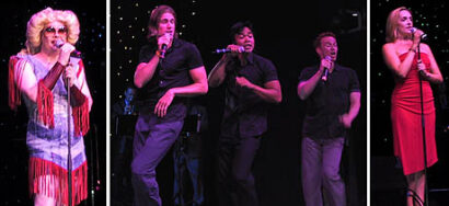 (Left to Right) Jason Little, Gavin Creel, Jose Llana, Paul Castree and Julia Murney