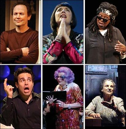 Clockwise From Top Left: <i>700 Sundays, The Good Body, Whoopi, Golda's Balcony, Dame Edna, Laugh Whore</i>