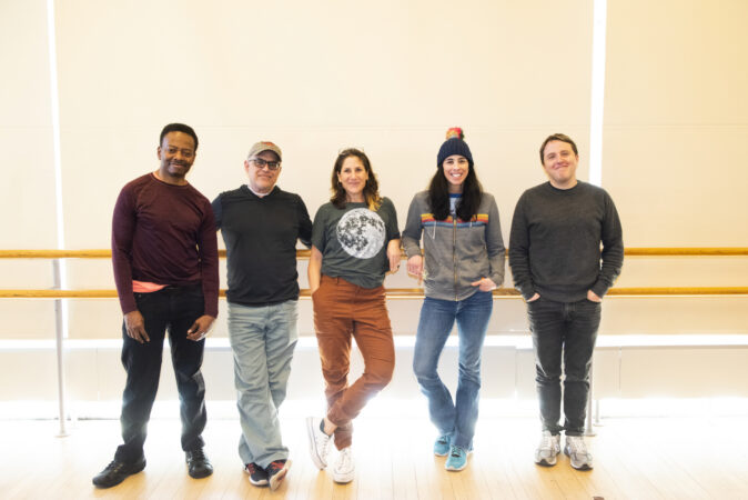 Bedwetter_Atlantic Theater Company_Rehearsal Photos_2022_Byron Easley, David Yazbek, Anne Kauffman, Sarah Silverman, and Joshua Harmon_HR