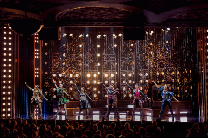 Six Broadway New Queens Curtain Call 2026 Adrianna Hicks, Dylan Mulvaney, Jasmine Forsberg, Olivia Donalson, Abigail Barlow, and Anna Uzele HR