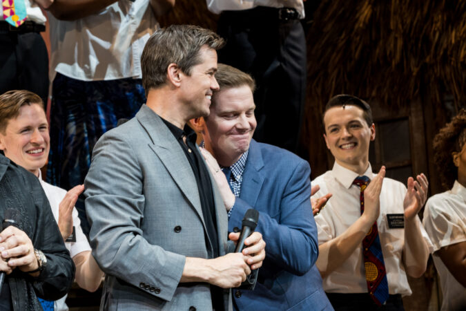 The Book of Mormon Broadway 15th Anniversary Curtain Call 2026 Andrew Rannells and Rory O'Malley HR