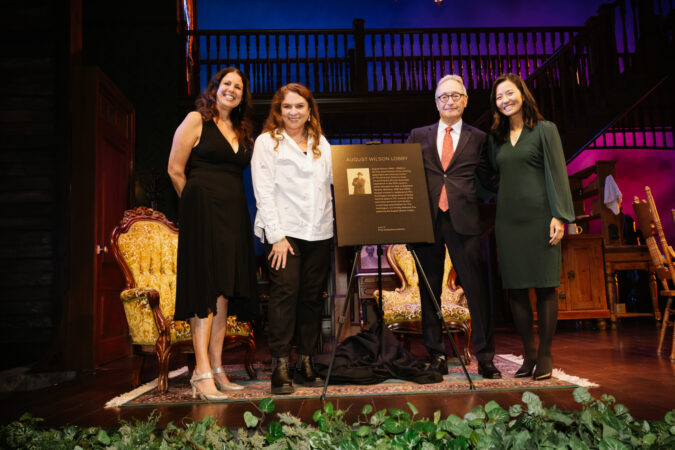 Huntington Theatre_August Wilson Lobby Dedication_2022_Loretta Greco, Constanza Romero Wilson, Michael Maso, and Michelle Wu_HR