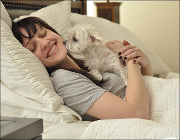 The bright Chicago morning sun wakes Gretta Garbone (my teacup Maltese) and I up for our well-deserved day off!