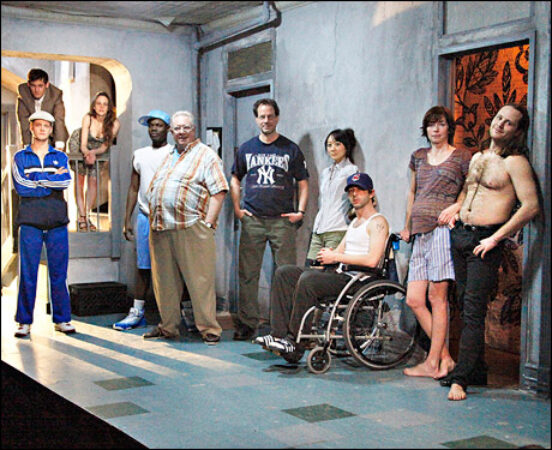 Robert Beitzel (rear), Nick Lawson, Maria Dizzia (rear), Stephen Tyrone Williams, Guy Boyd, Danny Mastrogiorgio, Sue Jean Kim, Jeremy Strong, Julianne Nicholson and William Apps in Part Two, <i>Paraffin</i>.