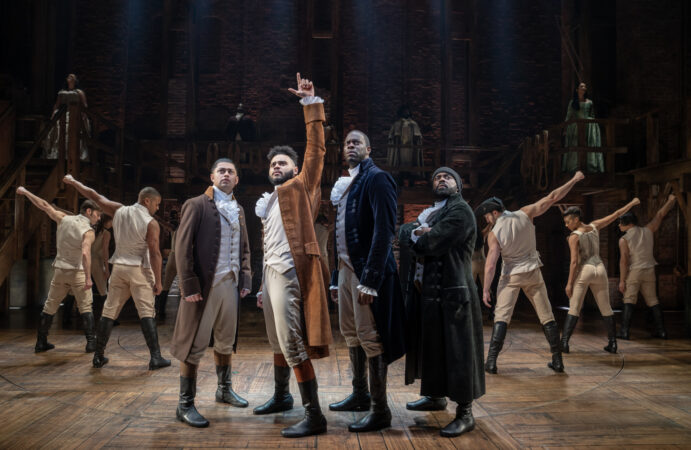 Hamilton Broadway Production Photos 2024 Ruben Cabral, Trey Curtis, Kyle Scatliffe, and Ebrin Stanley HR