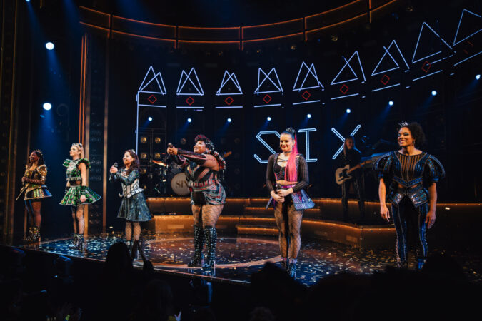 Six Broadway New Queens Curtain Call 2026 Adrianna Hicks, Dylan Mulvaney, Jasmine Forsberg, Olivia Donalson, Abigail Barlow, and Anna Uzele HR