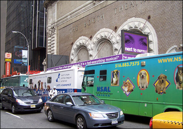 Shelter mobiles lined up along 45th Street