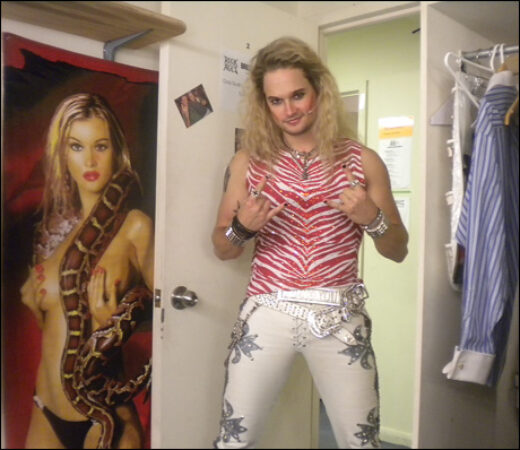 About a good half hour or so into the show, I’m all set to make my entrance. Wig and tight pants a GO. This is someone else's dressing room, so I cannot explain the lady with the snake. Things like this happen at <i>Rock of Ages</i>.