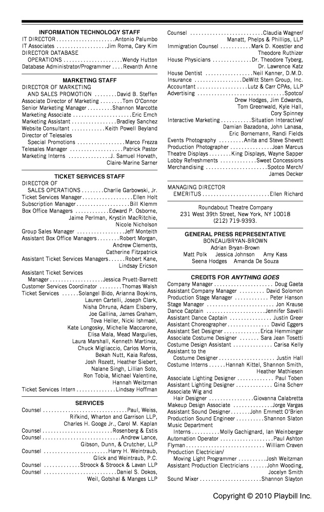 Anything Goes (Broadway, Stephen Sondheim Theatre, 2011) | Playbill