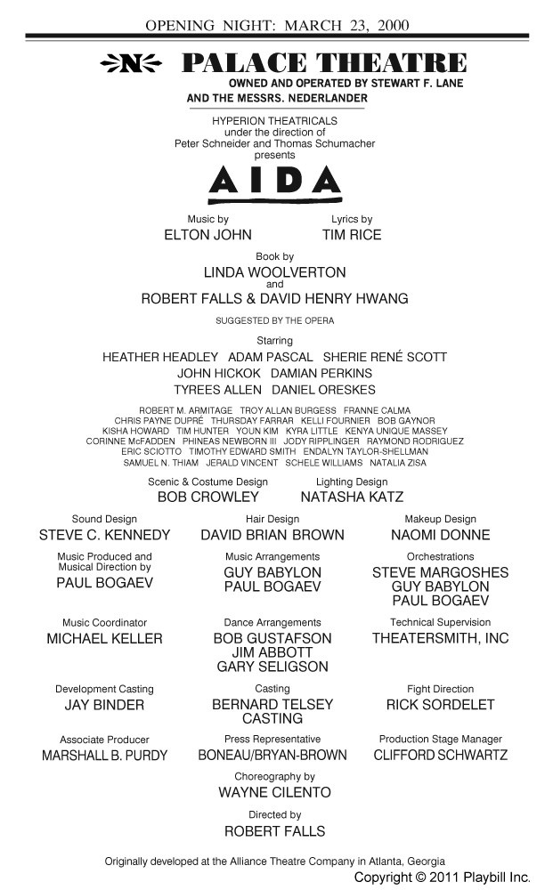 Aida (Broadway, Palace Theatre, 2000) | Playbill