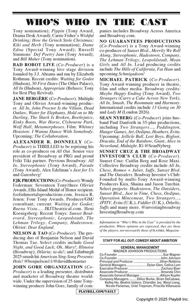 All Out Playbill - Opening Night
