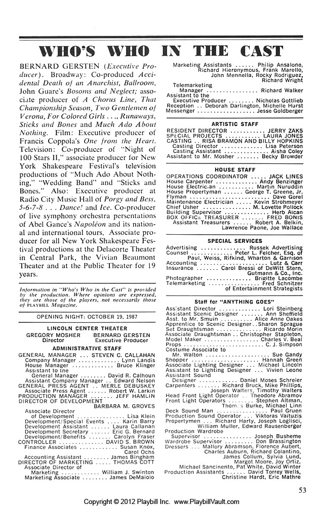 Anything Goes (Broadway, Vivian Beaumont Theater, 1987) | Playbill