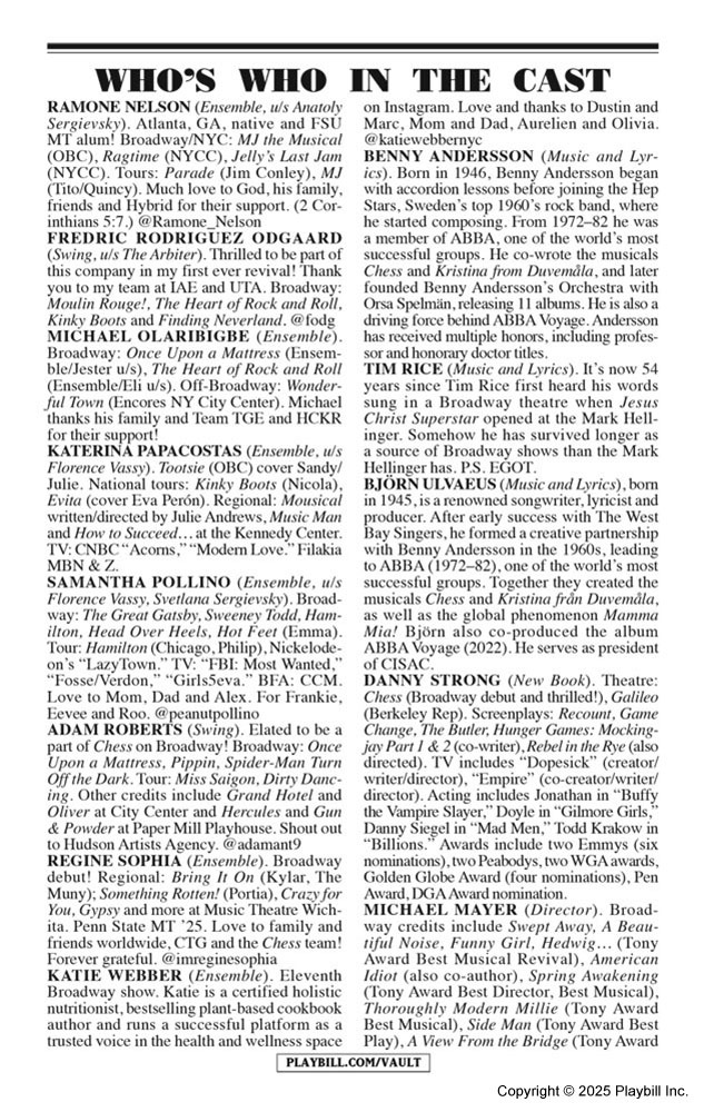 Chess Playbill - Opening Night