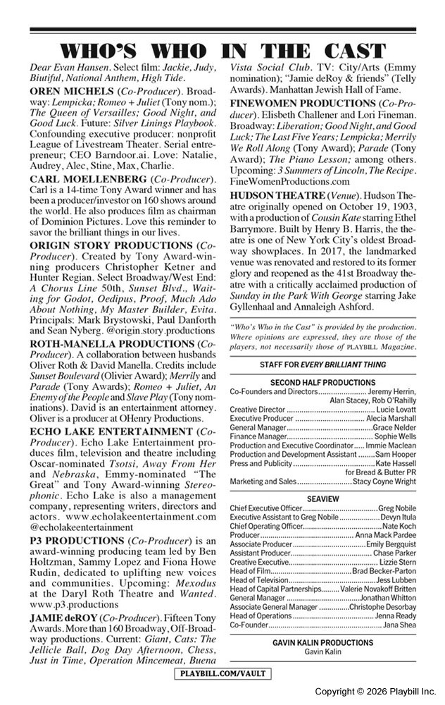 Every Brilliant Thing Playbill - Opening Night