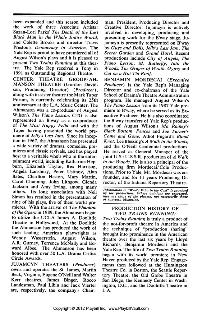 Two Trains Running (Broadway, Walter Kerr Theatre, 1992) Playbill