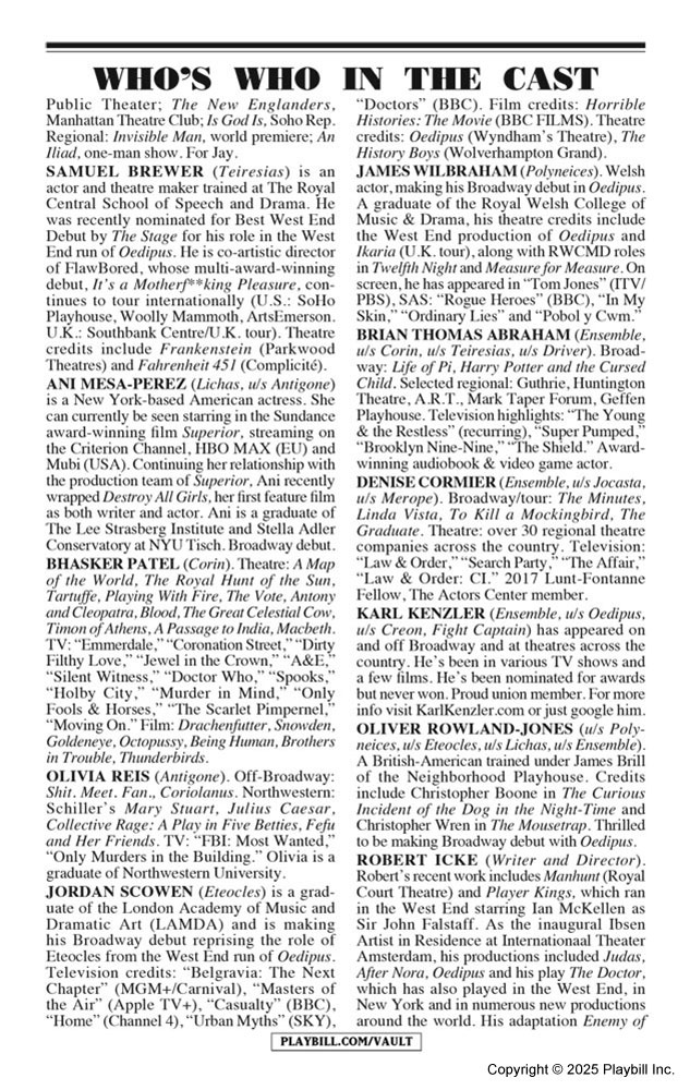 Oedipus Playbill - Opening Night