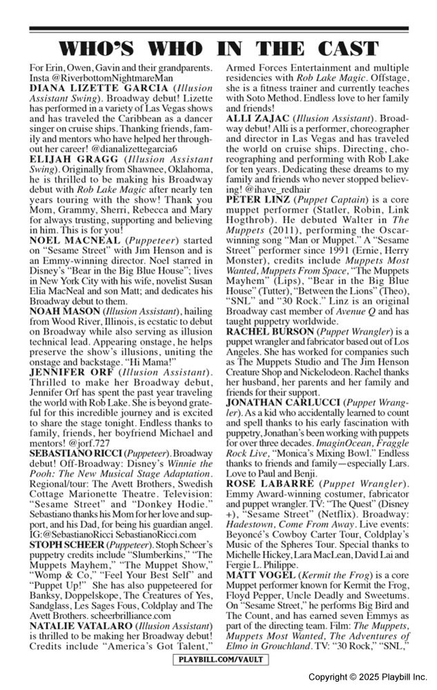 Rob Lake Magic with Special Guests The Muppets Playbill - Opening Night